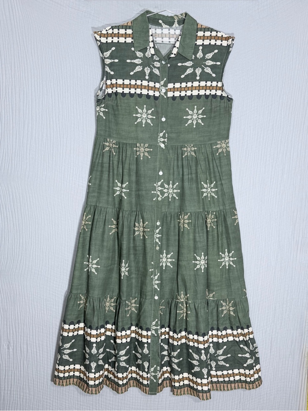 Made in Italy | 100% COTTON | Tiered Shirt Dress Olive Boho Resort Maxi | size M